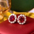 wholesale Metal material first: new high-grade pigeon blood red cultivated ruby earrings, surrounded by high-carbon diamonds, classic ladies' earrings in the style of Princess Diana-0-2