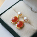 wholesale S925 sterling silver gold-plated natural Sichuan cherry red pearl earrings, women's pearl and southern red agate stud earrings-0-0