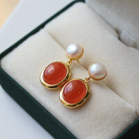 wholesale S925 sterling silver gold-plated natural Sichuan cherry red pearl earrings, women's pearl and southern red agate stud earrings-Cherry Red Earrings>925 Silver