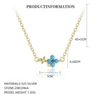 wholesale S925 Sterling Silver Four-leaf Clover Necklace And Turquoise Earrings Set-YA0478_Synthetic Green Pine/White Zircon/Spine 113#_18K Yellow Plated 925 Silver