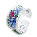 wholesale S925 Sterling Silver Retro Enamel Craft Lotus Heart Sutra Adjustable Ring Creative Literary Classical Style-0-4