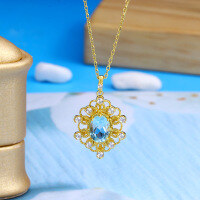 wholesale 925 Silver Gold-Plated Vintage Court-Style Openwork Lace Edge Pendant Sky Blue Topaz Fashion Necklace Sweater Chain-Vintage Hollow Blue Topaz Pendant 925 Silver