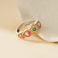wholesale 999 Silver Palace Style Sweet Design Colorful Enamel Gold-Traced Openwork Baoxiang Flower Lotus Ring R02903-0-3
