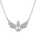 wholesale S925 Sterling Silver Cross-Border Live Streaming Women's Necklace, Unique Design Small Angel Wing Full Diamond Pearl Inlaid Collarbone Chain-0-9