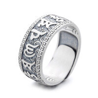 wholesale S925 Sterling Silver Retro Distressed Matte Wide Six-Syllable Mantra Scripture Ring for Trendy Men and Women-662J/approx. 9g Adjustable opening