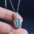 S925 Silver, Gold-Plated, and Diamond Natural Aqua Jadeite Leaf Pendant Necklace-0-0