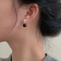 wholesale S925 Sterling Silver Black Agate Bead Stud Earrings Women Korean Minimalist Design High-End French Luxury Ear Accessories-Sterling silver