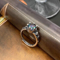 wholesale S925 Silver Trendy Little White Ins Cross Flower Rainbow Zircon Crown Ring, Niche Design Elegant Iridescent Open Adjustable Ring-xb1139-Colorful zircon crown ring