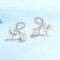 wholesale 925 Silver Natural Freshwater Pearl Earrings with Micro-Paved Moissanite Bow Tie Studs-0-1