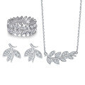 wholesale 925 Sterling Silver Full Diamond Leaf Ring, Wheat Necklace, and Floral Earrings Set for Women-0-0