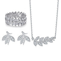 wholesale 925 Sterling Silver Full Diamond Leaf Ring, Wheat Necklace, and Floral Earrings Set for Women-Ring TL-448 + Earrings TLED094 + Necklace TLXL111  US Size 6#
