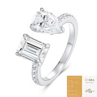 925 Silver Square Moissanite Open Ring, Women's Light Luxury High-End Fashion Minimalist Style.-R15721 Moissanite 6*9+15 beads (with GRA certificate)  US size 7/Hong Kong size 15