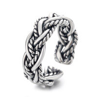 wholesale S925 Sterling Silver Retro Twist Rope Hand-Woven Adjustable Ring Fashion Minimalist Style Band-633JS/approx. 5.6g Adjustable opening