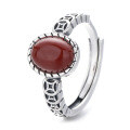 wholesale S925 Sterling Silver Retro Antique Style Coin Red Agate/Amber/Blood Amber Ring Light Luxury National Tide Adjustable Ring-0-7