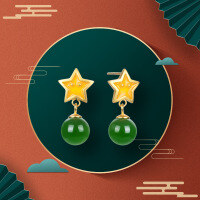 wholesale S925 Sterling Silver New Chinese Style National Trend Five-Pointed Star Stud Earrings, Niche Design, Imitation Jade Earrings, Factory Direct-Five-pointed star earrings>925 silver