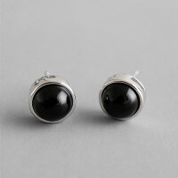 wholesale S925 Sterling Silver Korean Style Fashionable and Personalized Vintage Minimalist Round Black Onyx Earrings for Women-Platinum [with sterling silver ear plugs] &gt; 925 silver