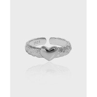 wholesale S925 Sterling Silver 700 Korean Version Ins Small and Minimalist Design Versatile Heart Texture Textured Open Adjustable Ring for Women-White Gold [No. 13/Adjustable] Opening adjustable
