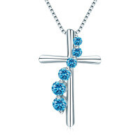 S925 Silver Cross Pendant with Pink Diamond and Sapphire Wholesale-[Cross] December (Blue)  925 Silver