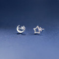 wholesale S925 Sterling Silver Fresh and Sweet Style Asymmetric Diamond-Inlaid Hollow Star and Moon Ear Studs M05822-0-0