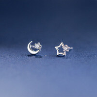 wholesale S925 Sterling Silver Fresh and Sweet Style Asymmetric Diamond-Inlaid Hollow Star and Moon Ear Studs M05822-Silver-One pair 925 silver