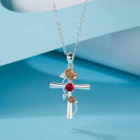 S925 Silver Cross Pendant with Pink Diamond and Sapphire Wholesale-【Floral Cross】October Pink (Camellia) Copper  925 Silver