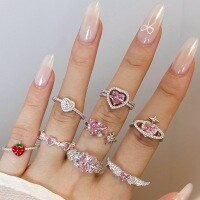 wholesale S925 Sterling Silver Korean Japanese Ring for Women, Fashionable and High-End Princess Pink Cute Heart Silver Ring, Versatile Hand Jewelry-DY121049-SW-WH 6