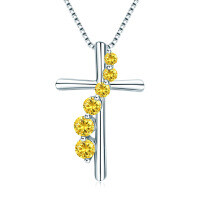 S925 Silver Cross Pendant with Pink Diamond and Sapphire Wholesale-[Cross] November (Yellow)  925 Silver