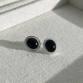 wholesale S925 Sterling Silver Oval Black Onyx White Chalcedony Ear Studs for Women, Minimalist High-End Matte Craft Earrings with Elaborate Design-0-6