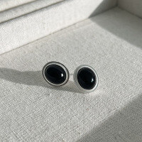 wholesale S925 Sterling Silver Oval Black Onyx White Chalcedony Ear Studs for Women, Minimalist High-End Matte Craft Earrings with Elaborate Design-Black Onyx Earrings-Silver 925 Silver
