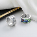 wholesale S925 Sterling Silver Retro Enamel Craft Lotus Heart Sutra Adjustable Ring Creative Literary Classical Style-0-0