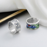 wholesale S925 Sterling Silver Retro Enamel Craft Lotus Heart Sutra Adjustable Ring Creative Literary Classical Style-685J/B model: approximately 10.3g &gt; opening adjustable