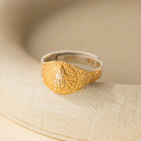 wholesale 999 Silver Nalan Ethnic Chinese Style Gold-Traced God of Wealth Auspicious Words Peace Joy Wealth and Fortune Ring R02757-999 Pure Silver Ring Adjustable opening