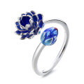 wholesale S925 Sterling Silver National Style Resin Enamel Blooming Lotus Bud Creative Design Elegant Adjustable Ring-0-4