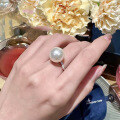 wholesale S925 silver Euro-American minimalist geometric open ring with 14mm pearl in cool tone-0-3