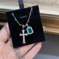 wholesale S925 Sterling Silver Cross Pendant Necklace with Emerald Inclusions Clavicle Chain, Popular Cross-Border European and American Style, Direct Wholesale from Manufacturer-0-0