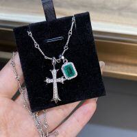 wholesale S925 Sterling Silver Cross Pendant Necklace with Emerald Inclusions Clavicle Chain, Popular Cross-Border European and American Style, Direct Wholesale from Manufacturer-Silver-XL108>925 silver