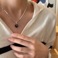 wholesale 925 Sterling Silver Heart Black Onyx Square Pendant Necklace with Twist Snake Chain for Women, Freely Combinable Sweater Chain-0-3