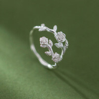 wholesale S925 Sterling Silver Thai Silver Rose Flower Leaf Branch Ring, Antique Style, Unique and Sweet Women's Index Finger Ring R01767-S925 silver ring Thai silver style Adjustable opening