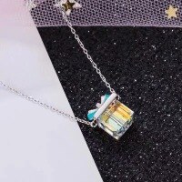 wholesale Sterling Silver Aurora Square Bow Necklace for Women, Korean Style Luxury Crystal Pendant-xb595-Platinum Color Diamond