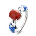 wholesale S925 Sterling Silver Enamel Double Fish Ring Inlaid with South Red Agate, Koi Fish Symbolism, Ethnic Style-0-4