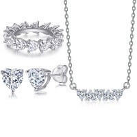 wholesale 925 Sterling Silver European and American Fashion Heart-shaped Zirconia Full Diamond Ring, Heart Earrings, and Necklace Women's Three-piece Set-Ring TL-398 + Earrings TLED066 + Necklace TLXL141  US Size 10#