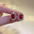 wholesale S925 silver new 8*10mm full diamond-encrusted simulated pigeon blood red chalcedony earrings for women-0-3