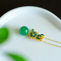 wholesale Gold-plated 925 Sterling Silver Green Chrysoprase Pendant with Cold Enamel Flower and Palace-style Ancient Jade Pendant Necklace-0-6