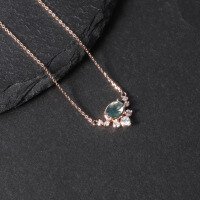 wholesale 925 Sterling Silver Plated with 18k Gold Sweet Japanese and Korean Style Cat Paw Pendant Necklace with Natural Moss Agate, Colorfast-Natural water grass agate necklace