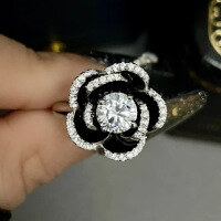 wholesale S925 Sterling Silver New Jewelry Collection: Camellia Flower Ring with 65mm Round White Diamond Stamen and Bud Ring Band-R966 Camellia Ring>Size 7