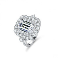 S925 Silver 3ct Emerald-Cut Moissanite Ring, Women's Elaborate Setting.-Set with D-color moissanite (3 carats)  US No. 5