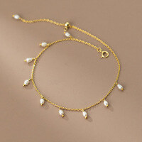wholesale S925 Silver Pearl Tassel Anklet Korean Style Minimalist Fresh and Elegant Adjustable Foot Jewelry S4755-S925 Silver Anklet-Gold>925 Silver
