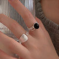 wholesale S925 Sterling Silver Black Agate Double-Layer Adjustable Ring for Women, Korean New Style Luxury Versatile High-End Matte Finish Ring-0-3
