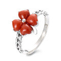 wholesale S925 Sterling Silver Retro Creative South Red Agate Four-Leaf Clover Design Open Adjustable Ring Classic Fashion Band-0-4
