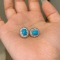 wholesale S925 Sterling Silver Light Luxury Fashion Old Money Style Brushed Process Crystal Diamond Carved Oval Blue Turquoise Ear Studs Earrings for Women-0-3